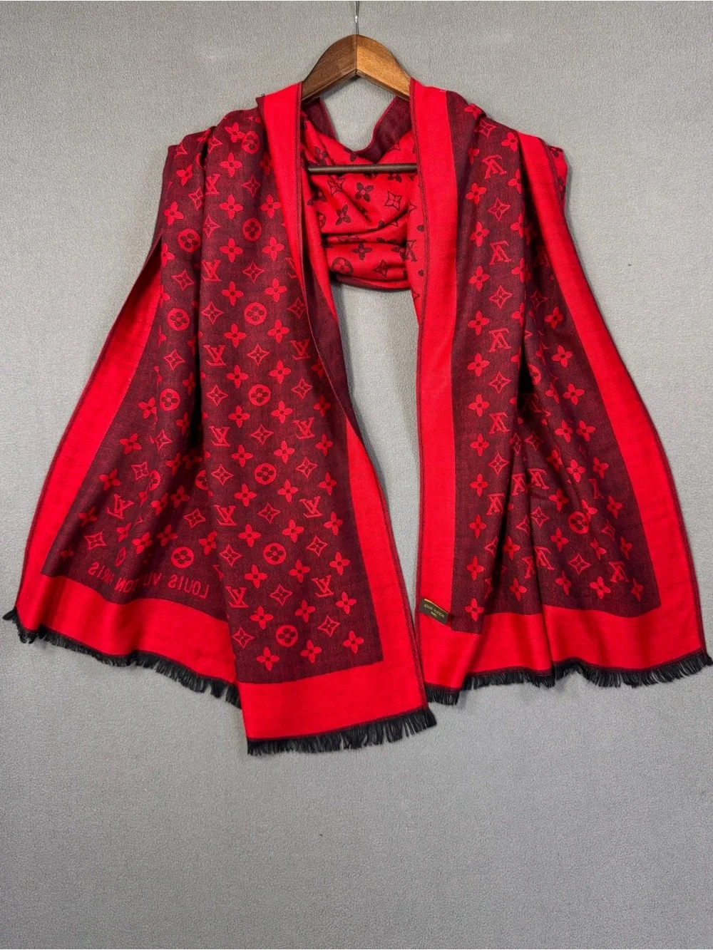 Authentic Louis Vuitton Red and Black Monogram Silk Shawl Scarf, Made in Italy
